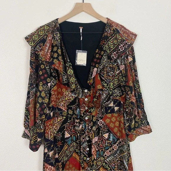 NWT Free People Lennon Patchwork Printed Ruffle Collar Boho Maxi Dress Size XL